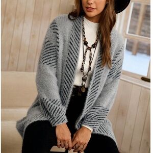 Cozy Color Block Stripes Fuzzy Open Front Cardigan